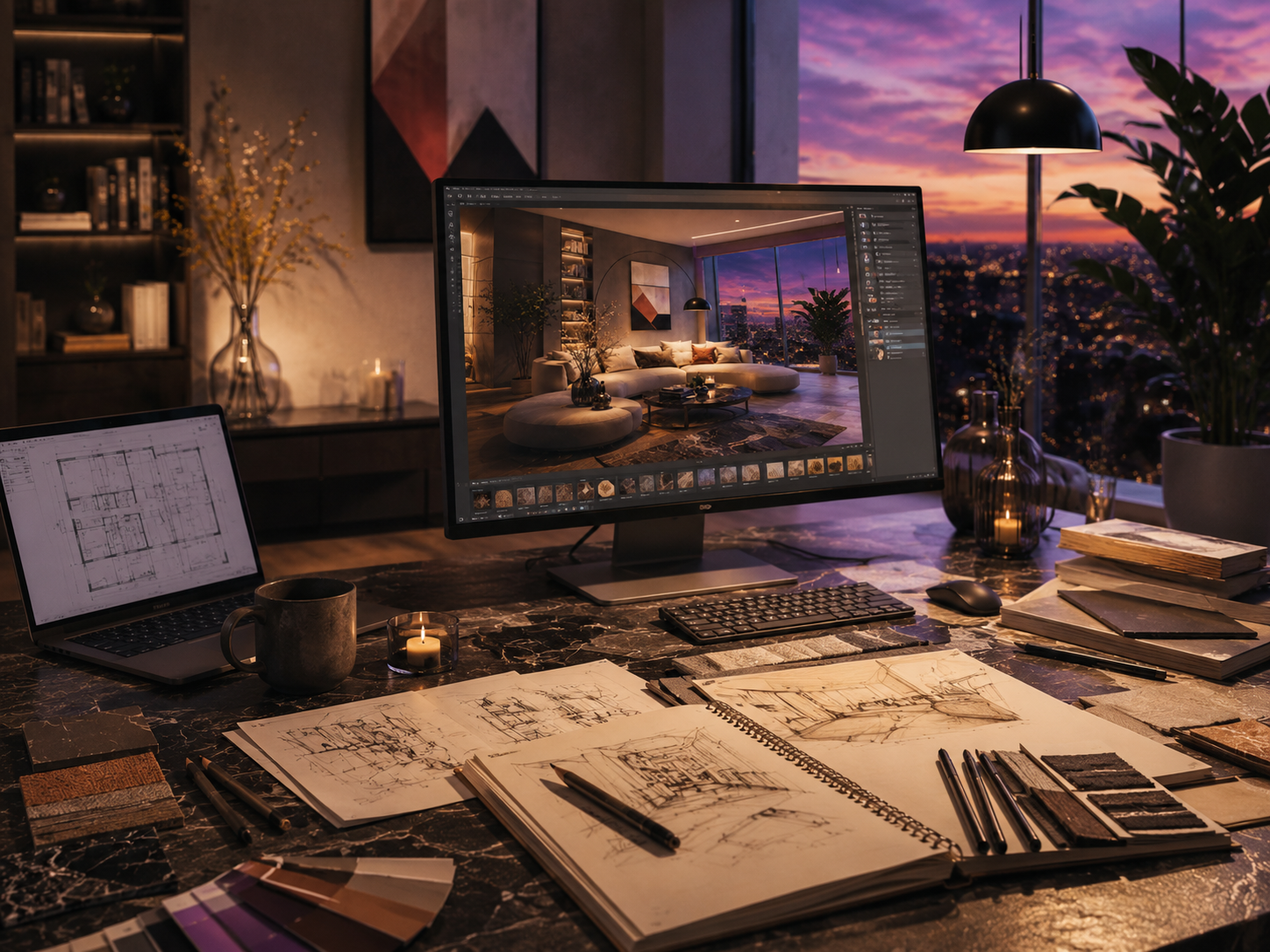 Render e tavola tecnica di interior design